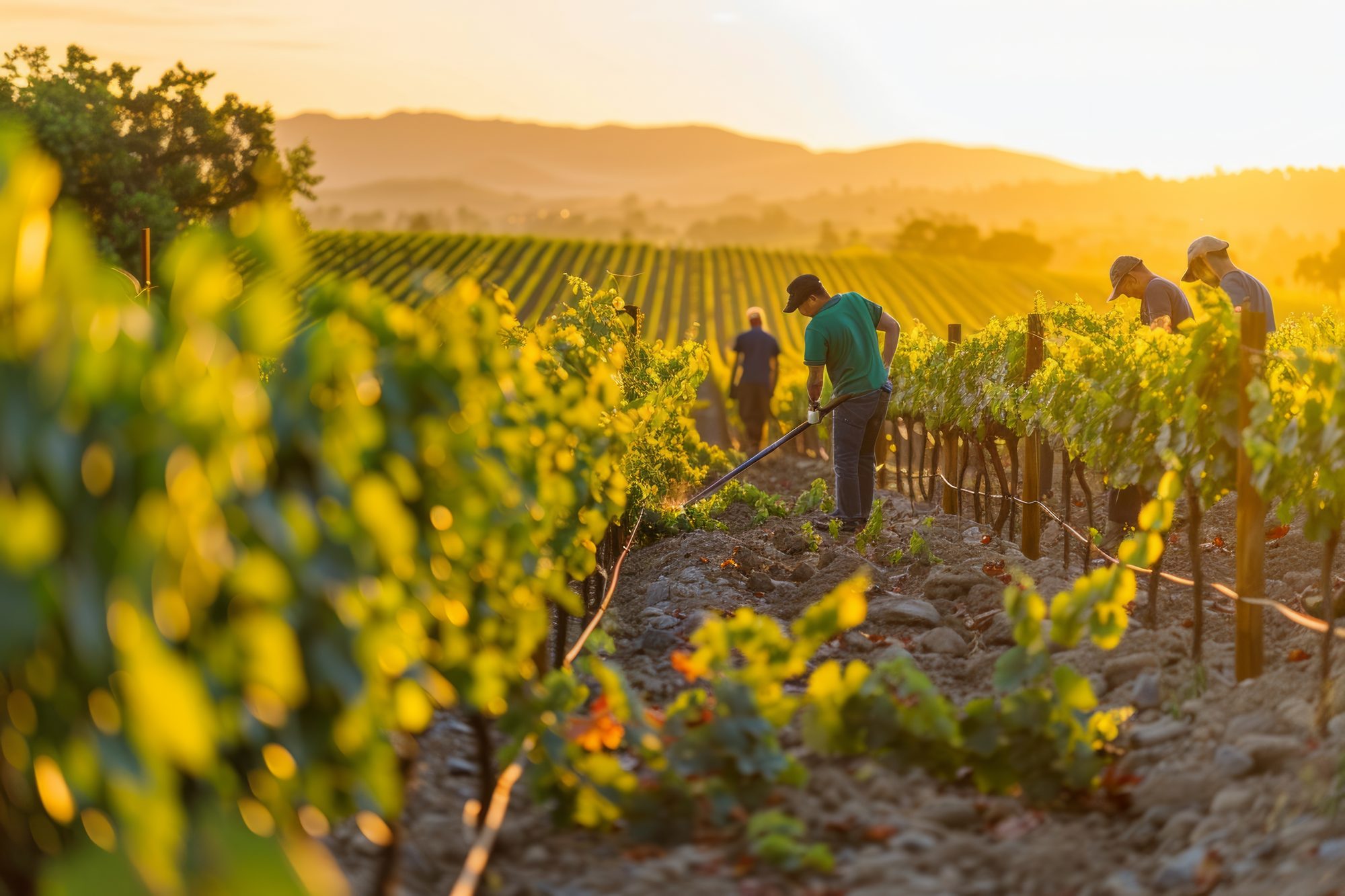 Vendangeurs au travail dans les vignes au lever du soleil